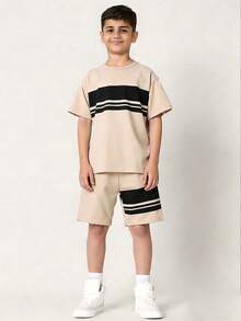 SHEIN 2pcs Tween Boy Casual Printed Fabric Round Neck Short Sleeve Shorts Set, Suitable For Commuting, School, Daily Casual Wear, Sports, Spring/Summer - Beige - View 7