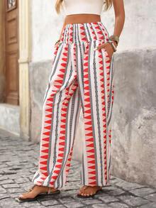 Brillora Women's White And Black Geometric Print High Waist Drawstring Wide Leg Pants,Summer Boho Vacation Holiday Beach Bohemian Style Slant Pocket Pants - Red - View 3