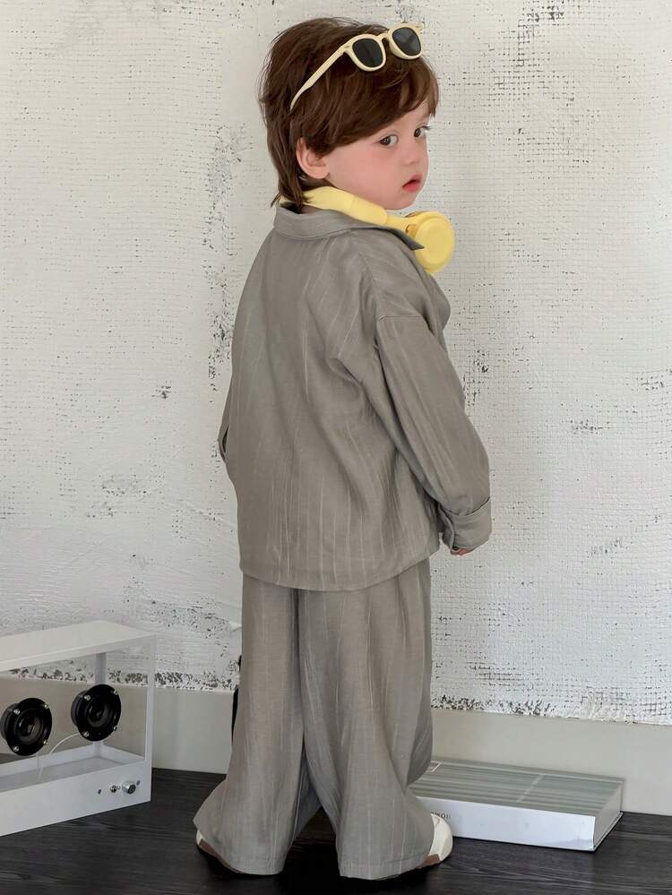 2pcs Baby Boys' Casual Collared Long Sleeve Shirt And Loose Fit Pants Set Spring