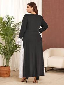 Modelyn Elegant Floral Patchwork Solid Color Knit Fabric Long Sleeve A-Line Plus Size Dress, Suitable For Daily Wear And Gatherings In Spring And Autumn - Black and White - View 2