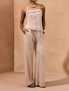 Zivah 2026春夏新款音乐节、复活节、圣帕特里克节、情人节、约会、西部风、游牧风、生日派对、毕业典礼、大学、学生、日常穿着、百搭基础款、休闲、度假、邮轮旅行、海滩、日光浴、热门单品、街头风、婚礼宾客波西米亚风、通勤、早午餐、机场、派对、假日郊游、办公穿着、吊带针织网眼上衣和阔腿裤、宽松针织杏色套装 - 杏色 - 查看 7