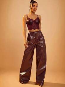 Hauture PU Leather Bust Lace Cami Corset Top - Red - View 4