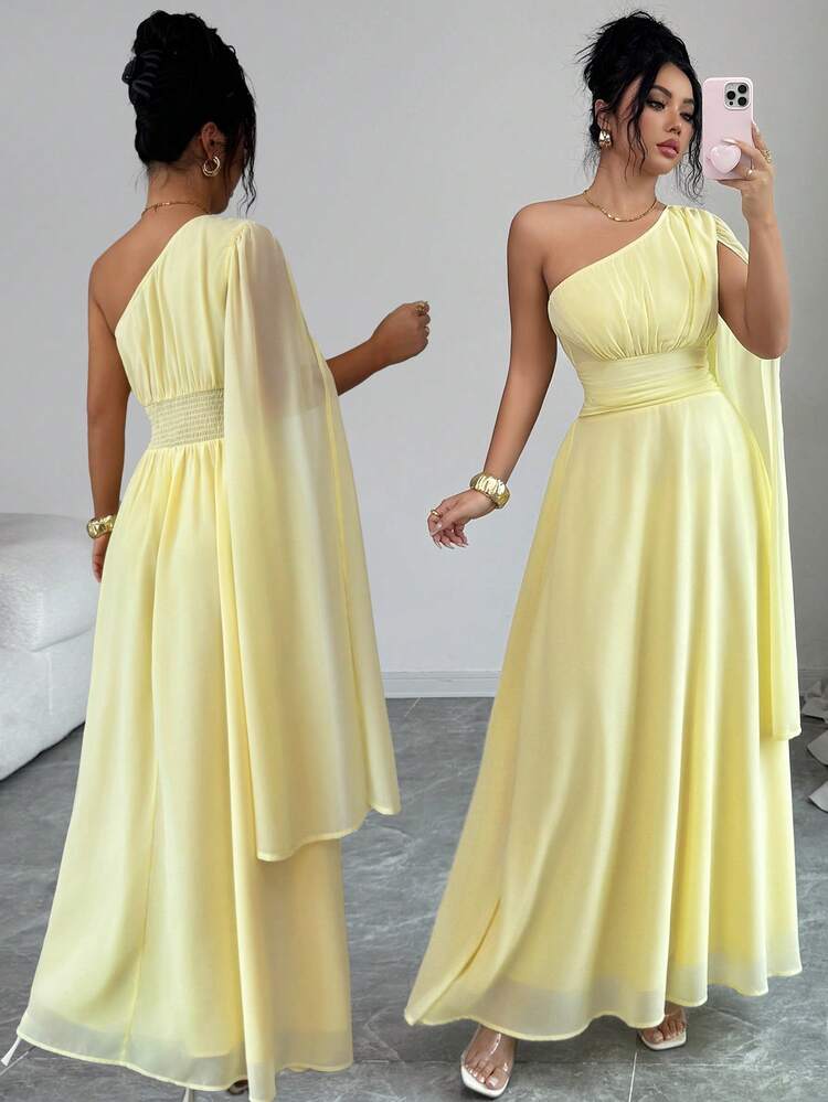 Elenzga Abito lungo da donna in chiffon a tinta unita con fodera, spalla singola, maniche oblique, collo scialle, vita arricciata regolabile, linea A senza maniche, elegante, vintage, romantico francese, minimalista, adatto per ufficio, pendolarismo, lavoro, casual, spiaggia, appuntamenti, tè pomeridiano, stile boho, medio orientale, nuova collezione primavera/estate - Giallo d'oca - Visualizzare 1