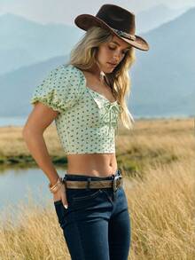 WESTFADE Sweetheart Foldover Neck Bow Tie Front Short Puff Sleeve Fitted Top Winter, Boho, Spring, Resort, Cute, Casual, Nashville, Cowgirl, Western Wear For Women, Vacation - Green - View 5