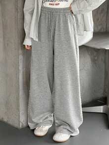 DAZY 青少年女孩抽绳腰带口袋休闲百搭阔腿裤，适合日常穿着 - 灰色 - 查看 4