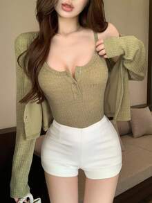 DAZY 2pcs Women Autumn/Winter Fashion Brown Fuzzy Fitted Crop Top & Cardigan Set - Dark Green - View 4