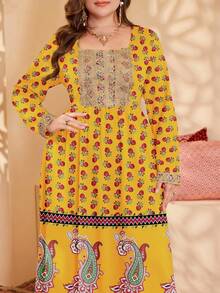 Al Najma Großgrößen Kleid mit Blume Muster und quadratischem Ausschnitt, elegant, Herbst - Gelb - Übersicht 6