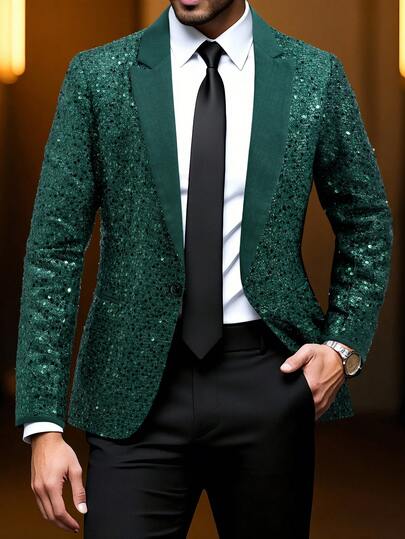 Manfinity AFTRDRK Chaqueta de traje formal de manga larga con solapa de un solo abotonado y lentejuelas de unicolor para hombre