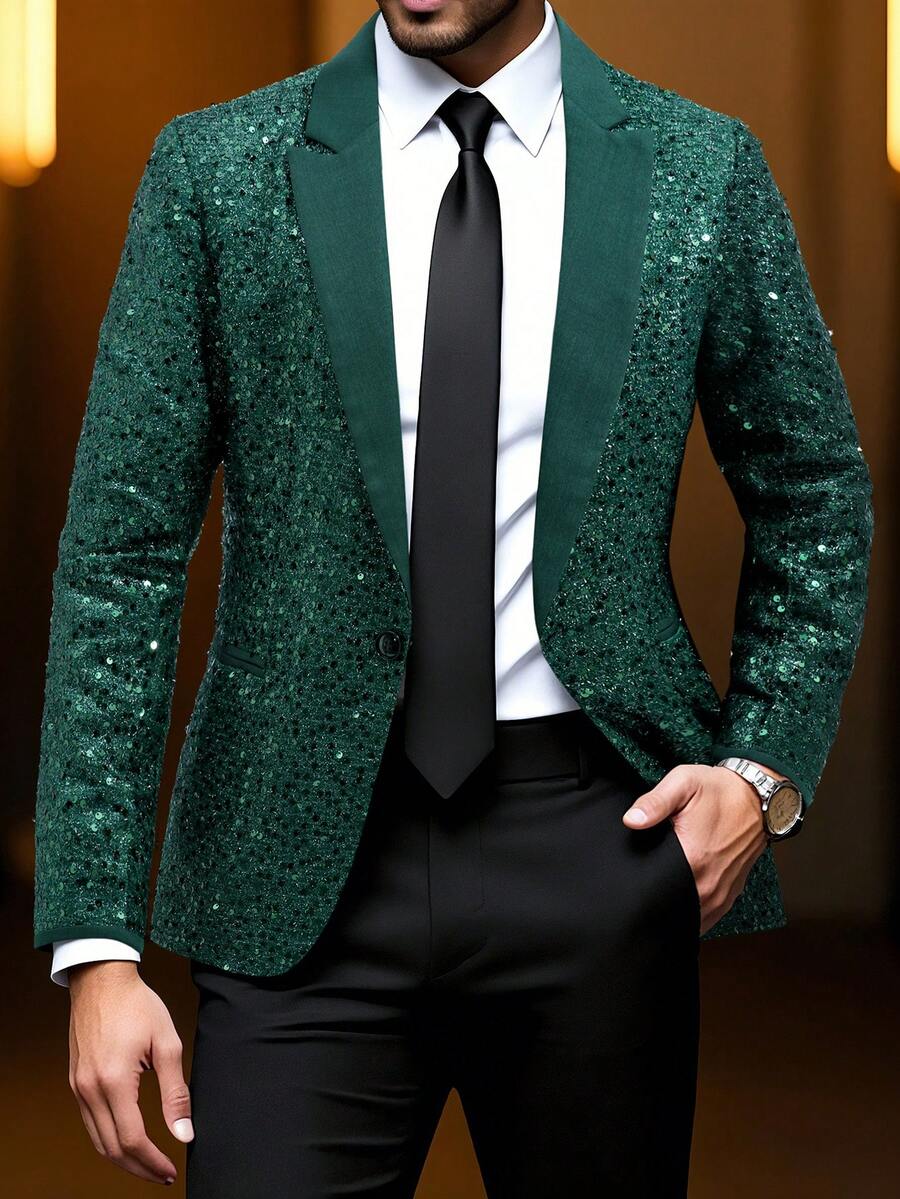 Manfinity AFTRDRK 男士亮片纯色单排扣正式派对长袖西装外套 - 墨綠色 - 查看 1