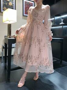 DAZY 女士亮片拼接甜心领优雅长袖中长连衣裙闪亮吊带裙 - 香檳色 - 查看 8