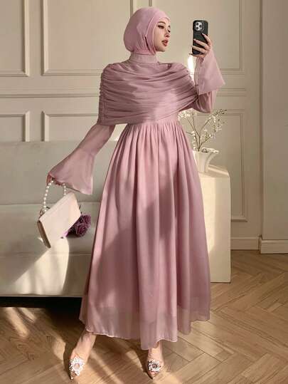 DAZY 春夏雪纺二合一披肩领连衣裙，粉色，优雅百搭，适合情人节、婚礼、派对、正式场合，时尚修身，喇叭袖，中长款婚礼宾客连衣裙