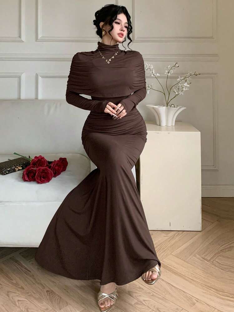 Brown Shawl & Bodycon Dress Set, Elegant For Casual, Beach, Wedding, Commute, Spring/Summer