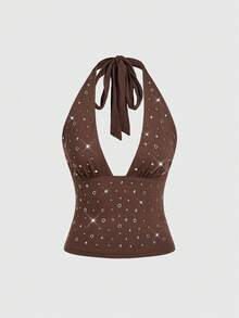 ROMWE Grunge Punk Débardeur femme Y2K rétro sexy à col ras-du-cou, moulant, avec rivets et paillettes, dos nu - Marron - Voir 1