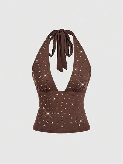 Grunge Punk Camiseta sin espalda de mujer con cuello halter, ajustada, con tachuelas, remaches y lentejuelas, estilo retro Y2K