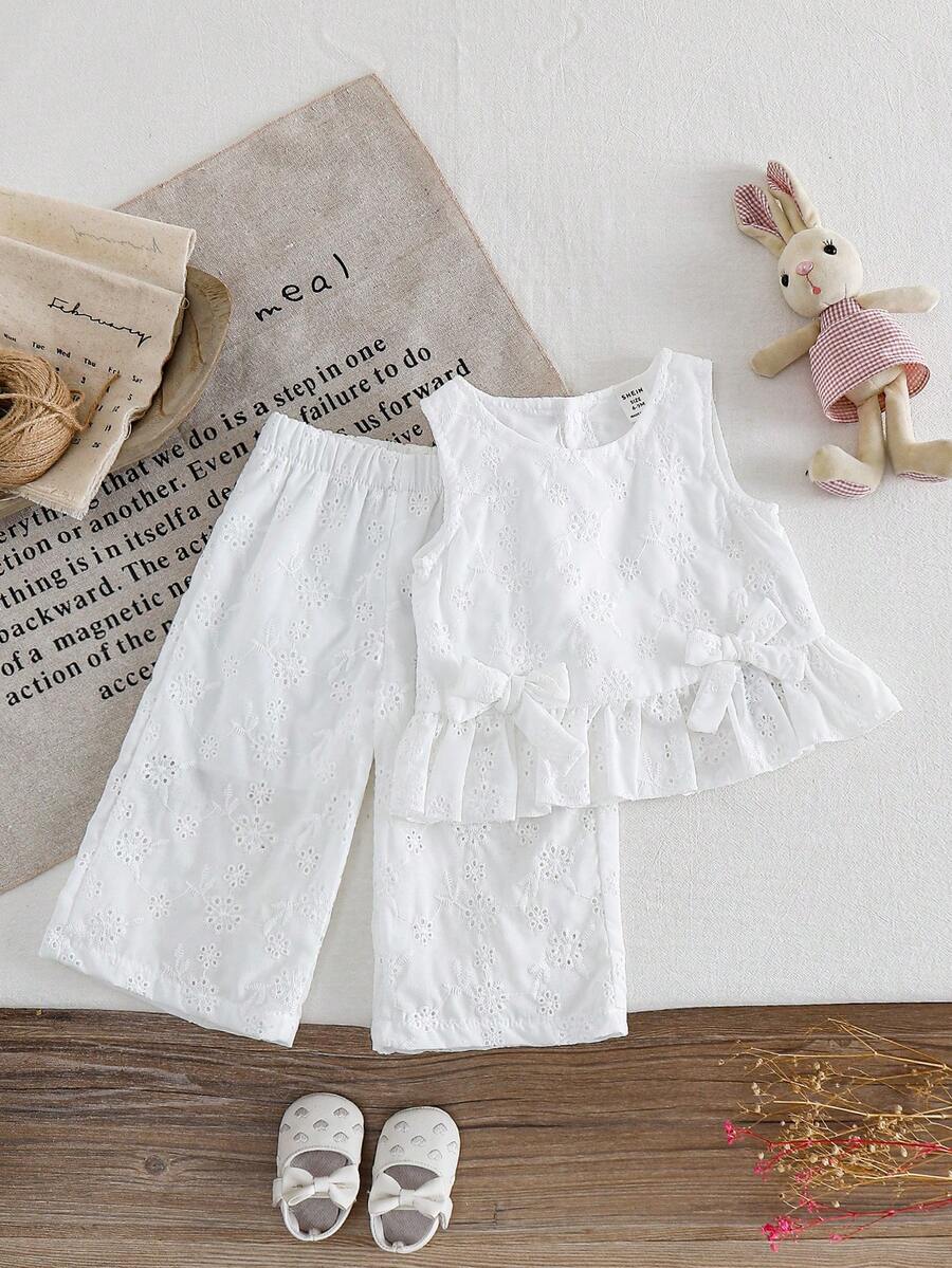 SHEIN 2件套女婴休闲可爱蝴蝶结无袖上衣和裤子套装 - 白色 - 查看 1