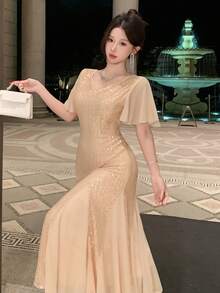 DAZY Đầm đuôi cá tay bồng đính sequin lấp lánh sang trọng dành cho nữ, đầm dự tiệc cưới mùa hè, đầm lấp lánh, đầm mùa hè. - Màu be - Xem 6