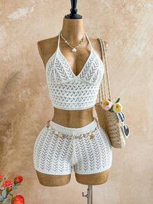 Soleia Women 2 Pieces Knit Set: White Halter Neck Camisole & Shorts - White - View 6