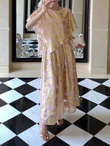 DAZY 女士优雅箔印不对称下摆上衣和半裙两件套，夏季 - 金色 - 查看 7