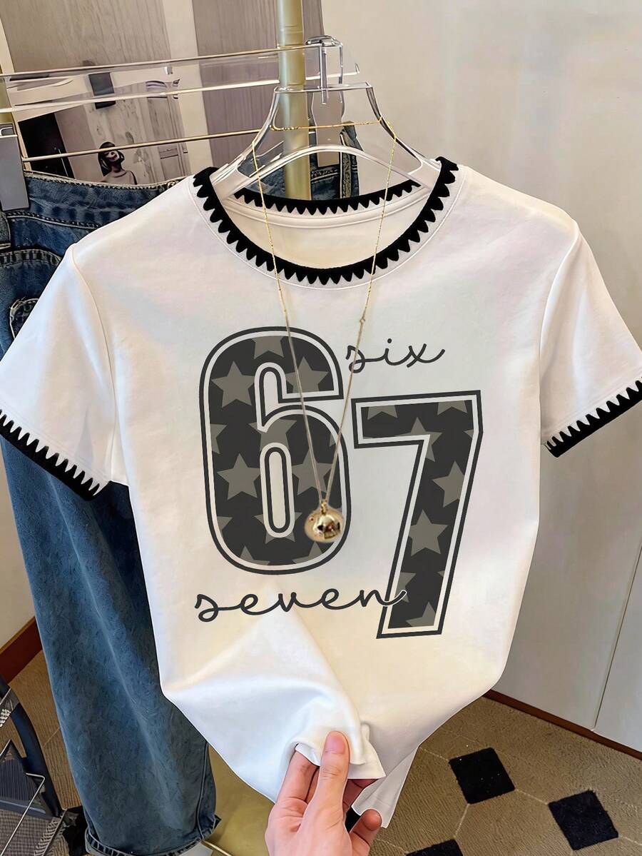 Resyla 67字母印花贝壳刺绣休闲圆领短袖T恤，送朋友的礼物 - 白色 - 查看 1