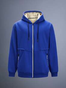 Driftmere 1件男士长袖羊羔绒保暖全拉链连帽衫外套，休闲百搭针织 - 寶藍色 - 查看 1