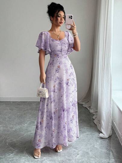 Modelyn Gaun Mini Wanita Chiffon Motif Kupu-kupu Lengan Kelelawar Gaya Prancis yang Manis, Gaun Pesta Elegan untuk Pergi Keluar Musim Panas, Kembali ke Sekolah, dan Acara Homecoming