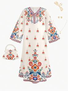 SHEIN 优雅简约波西米亚风儿童印花长袍，适合年轻女孩休闲舒适，优雅花卉刺绣印花V领宽松长袖连衣裙，适合春夏日常穿着、节日庆典、祈祷等场合，轻松舒适，休闲穿着，营造度假氛围，简约大方。 - 彩色 - 查看 6