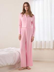 Ocili Women's Solid Color Long Sleeve Top And Pants Pajama Set, Spring/Autumn Loungewear Women Set Pink Lounge Set Two Piece Sleepwear Set Sleep Wear Women 2 Piece Set Pajama Sets For Women Pink - Pink - View 3