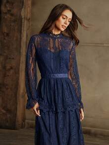 Anewsta Elegant Lace Dress, Spring And Autumn Maxi Women Outfit - Navy Blue - View 5