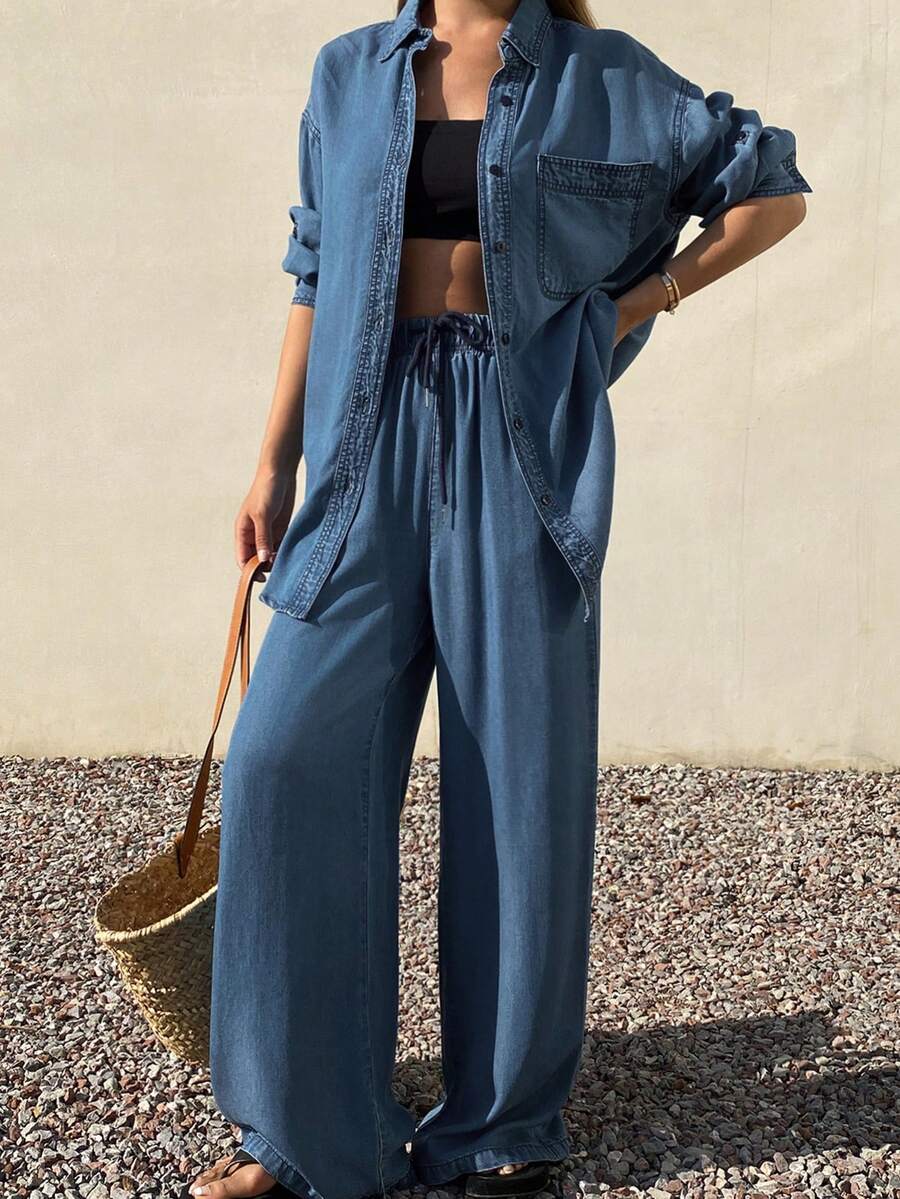 DAZY Women's Casual Washed Pocket Loose Shirt And Wide Leg Jeans Set, Spring/Summer - Blue - View 1
