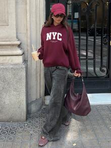 Aloruh Women's Autumn/Winter NYC Letter Print Casual Pullover Sweatshirt Sweatshirt, Loose Fit Pullover Hooded Sweatshirt, Fashionable & Versatile, Suitable For Street And Airport Wear, Autumn Carnival - Red Violet - View 7