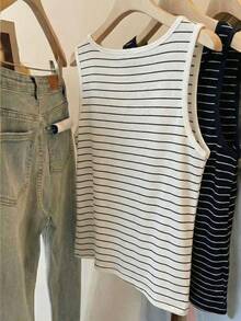 Resyla Women's Plus Size White Striped Knitted Fabric Tank Top Regular Length Casual O-Neck - White - View 2