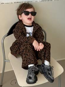 DAZY 两件套幼儿男童连帽豹纹休闲宽松卫衣外套和宽松运动裤套装