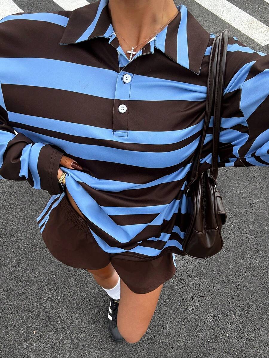 Muchica Women's Casual Commuting Fashion Striped Print Loose Polo Shirt And Shorts Set, Spring/Summer/Autumn
