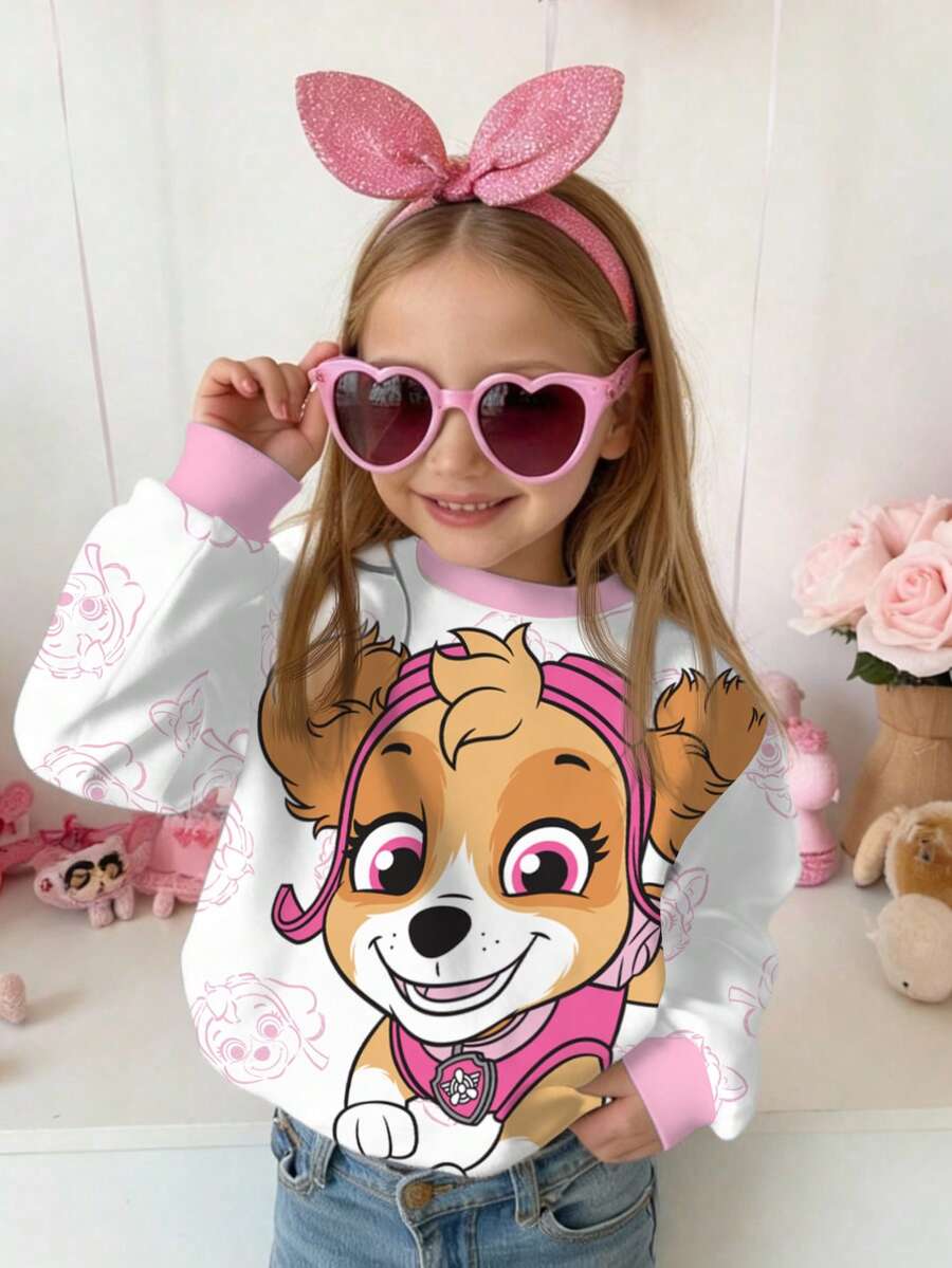 SHEIN | PAW Patrol Young Girl Dog Print Round Neck Long Sleeve Sweatshirt, Casual For Autumn - White - View 1