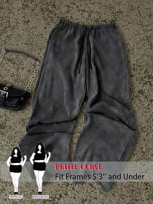 SHEIN PETITE CURVE Quần ống rộng dáng suông, cạp chun, màu trơn, đa năng cho nữ, thích hợp mặc đi làm, sinh hoạt hàng ngày, đi học, mùa xuân, phong cách thường ngày. - Màu xám đen - Xem 1