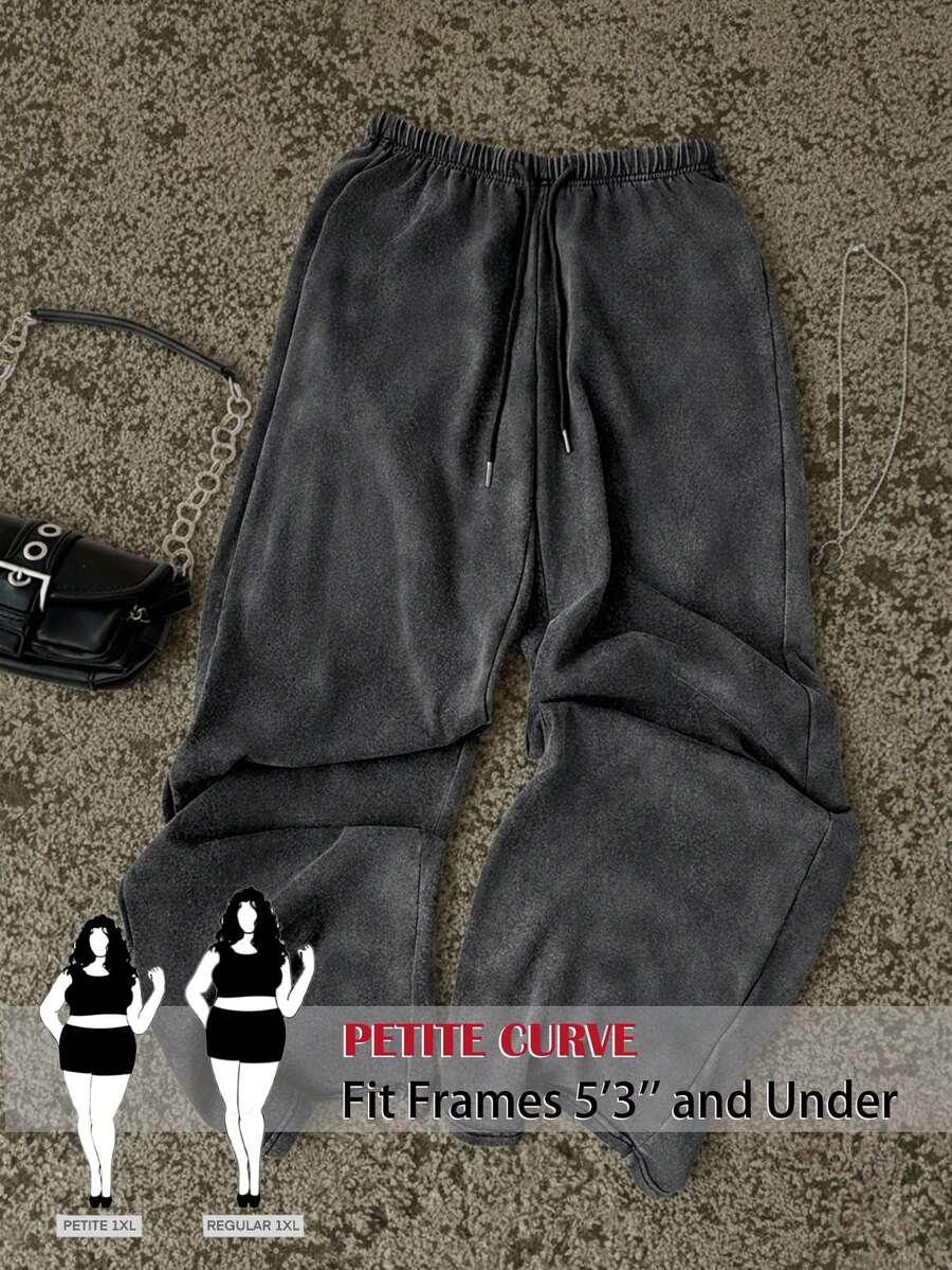 SHEIN PETITE CURVE Quần ống rộng dáng suông, cạp chun, màu trơn, đa năng cho nữ, thích hợp mặc đi làm, sinh hoạt hàng ngày, đi học, mùa xuân, phong cách thường ngày. - Màu xám đen - Xem 1