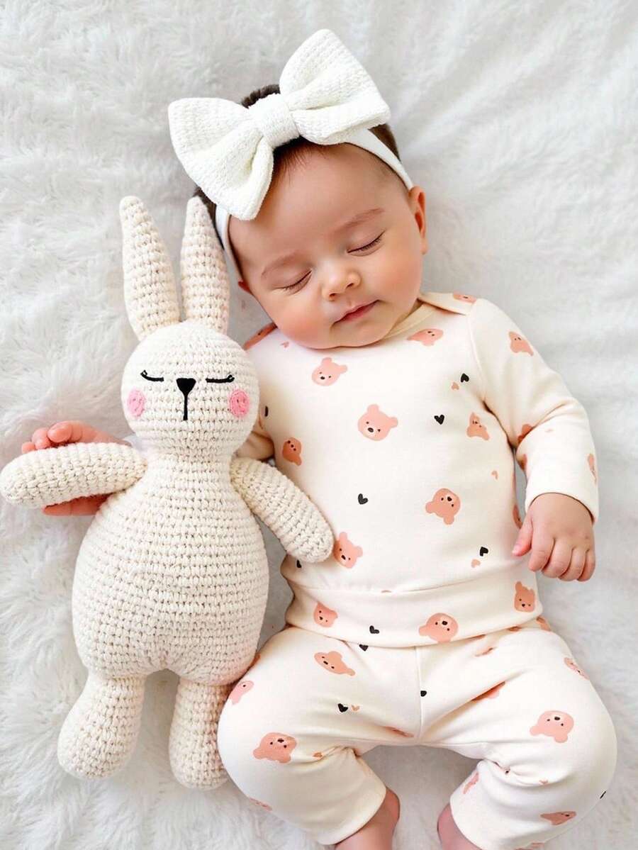 SHEIN 2件套新生儿可爱小熊图案上衣和裤子，婴儿男女通用春秋冬季套装 - 彩色 - 查看 1