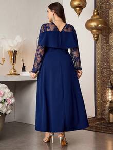 Modelyn Elegant Solid Color Contrast Lace Long Sleeve Waist Flared Hem Plus Size Dress, Suitable For Spring And Autumn - Navy Blue - View 2