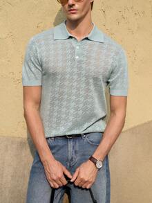 Manfinity CityGents Suéter masculino casual de cor sólida com estampa pied-de-poule vazada e padrão de mil pássaros. Tecido macio para maior conforto. Ideal para uso casual no verão, passeios diários e looks estilosos. Camisas de crochê masculinas, polos de tricô com botões, camisas polo de tricô masculinas, camisas de tricô azul bebê masculinas. - Menta verde - Ver 3