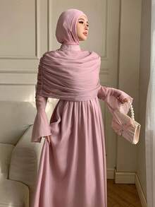 DAZY 春夏雪纺二合一披肩领连衣裙，粉色，优雅百搭，适合情人节、婚礼、派对、正式场合，时尚修身，喇叭袖，中长款婚礼宾客连衣裙 - 淺粉色 - 查看 2