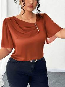 Elenzga Plus Size Asymmetrical Ruffle Collar Button Decor Short Sleeve Elegant Blouse - Orange - View 5