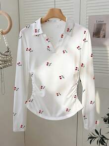 Resyla Sweet Red Cherry Print, Polo Collar, Fitted Waist, Women's Long-Sleeve White T-Shirt. Perfect For Fall. New Style, Fashionable T-Shirt. Holiday Gift, Sibling Gift, Sister Gift, Mom Gift, Mother's Day Gift. Casual, Minimalist, Stylish Top. - White - View 6