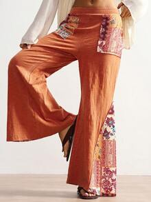 Bohemela Women's Casual Knit Patchwork Flare Washed Pants - Orange - View 2