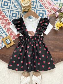 SHEIN 2pcs/Set Baby Girls Cute Cartoon Print Short Sleeve Top And Peony Floral Ruffle Hem Suspender Skirt Set,Black And White,Summer,Family Matching Outfit - Black - View 3