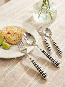 Cirelle 1件/2件套陶瓷柄不锈钢餐具，抛光表面，饰以优雅的格纹图案，包含甜点勺、餐叉和汤匙——创意厨房用具套装，包含叉子、茶匙和汤匙，是日常用餐的理想之选。 - 彩色 - 查看 4