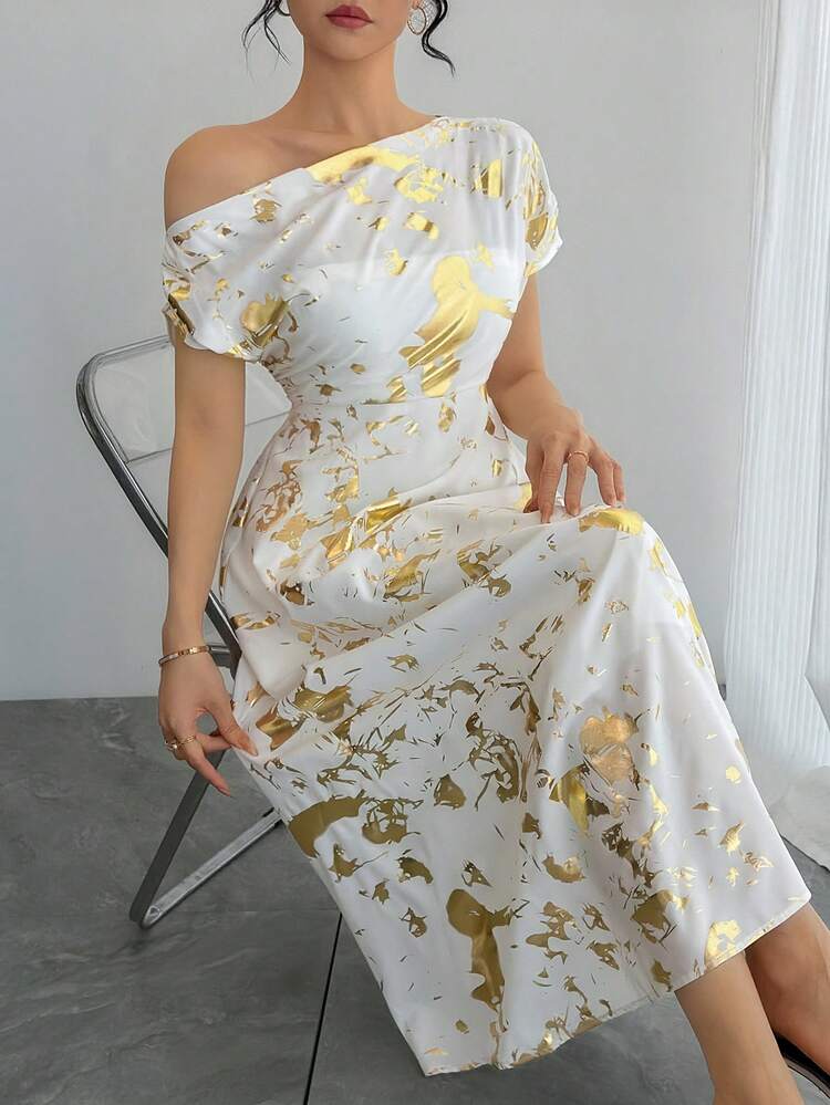 Women's Elegant Floral Asymmetric Shoulder Dress, Summer Wedding Guest Dress Maxi Dress Sundress Cocktail Dress