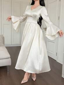 DAZY Rochie lungă elegantă pentru femei, cu decolteu în V și mâneci evazate, în culoarea unui singur material, rochie de nuntă pentru invitați de toamnă/iarnă - Bej - Vizualizare 4