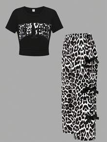 Sparklyn Tween Girls' Summer Back To School T-Shirt Set, White Solid Knit Fabric With Leopard Print & English Letter Graphic T-Shirt Top Paired With Black Bow Accent Woven Fabric Casual Pants, 2pcs Outfit Suitable For Summer, Casual, Fashion, Street Style, Back To School, Travel, Photo Shoot Cheetah Print Girls Set Animal Print Top Leopard Print Pants Ladies Casual Fashion Animal Print Outfit Leopard Print Set Baddie Outfit Cheetah Print Pants Leopard Outfit - Black - View 3