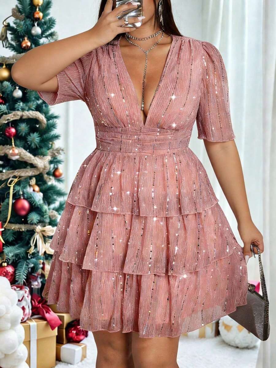 Vionelle Đầm ngắn tay cổ chữ V nhún bèo cỡ lớn, kiểu dáng thường ngày, thích hợp cho tiệc tùng và kỳ nghỉ, mùa xuân/hè. - Bụi hồng - Xem 1