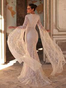 Aureia Elegant And Glamorous, White, Luxurious Sequin Embroidery, Sweetheart Neckline, Flowing Sleeves, Boning Silhouette, Mermaid Train. Suitable For Weddings, Bridal Gowns, Formal Occasions, And Wedding Dresses. - White - View 2